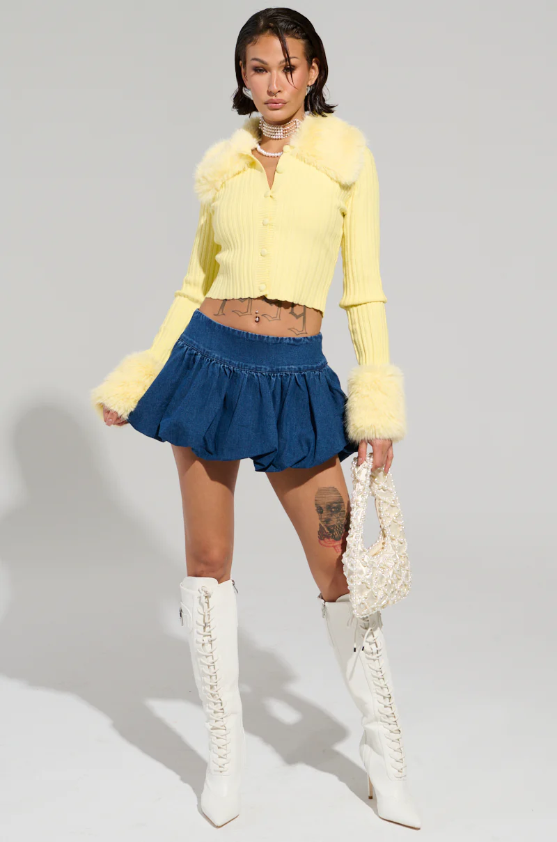 ANGEL EYES FUR TRIM CARDIGAN IN YELLOW - Image 9