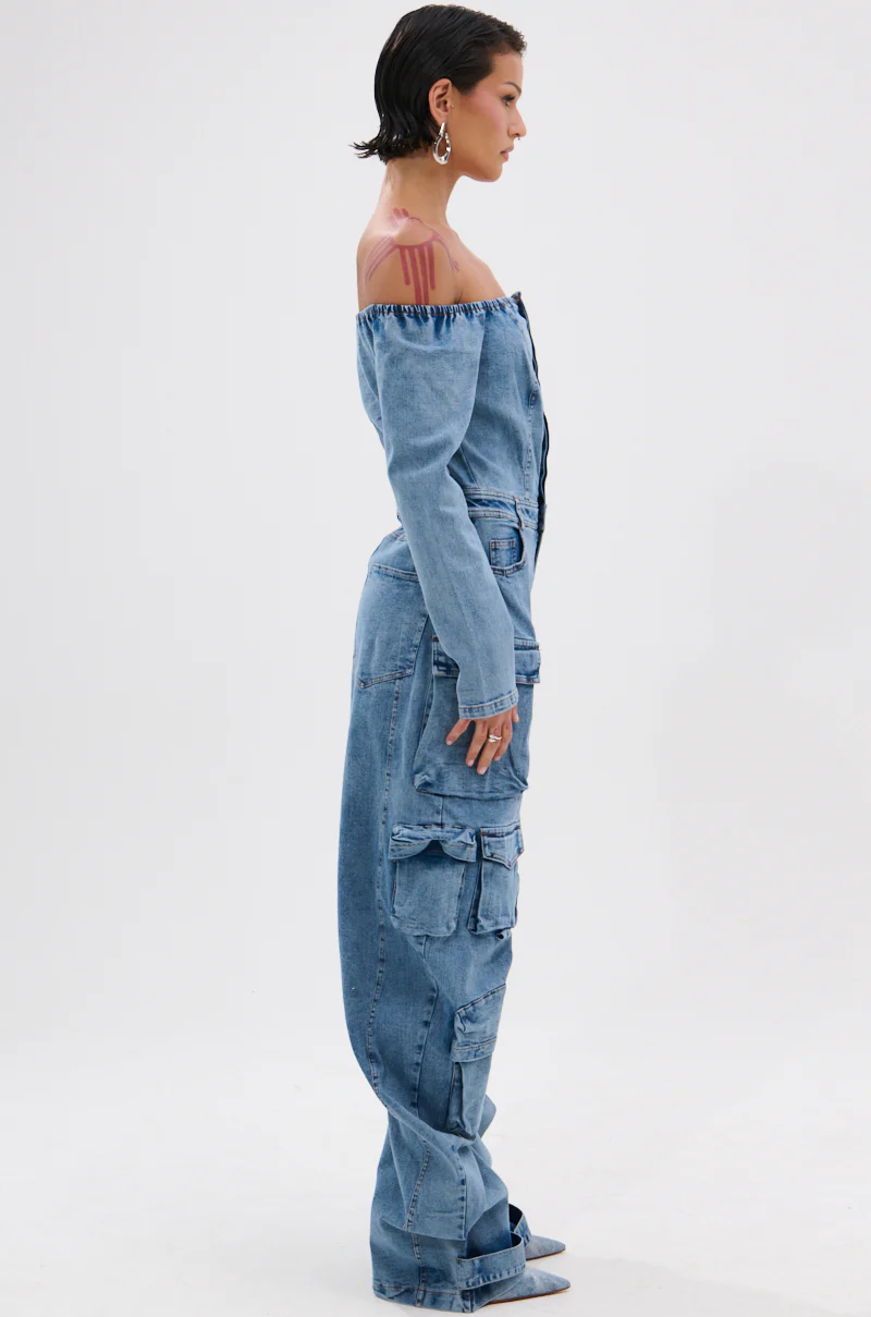 ARI LONG SLEEVE CARGO DENIM JUMPSUIT - Image 4