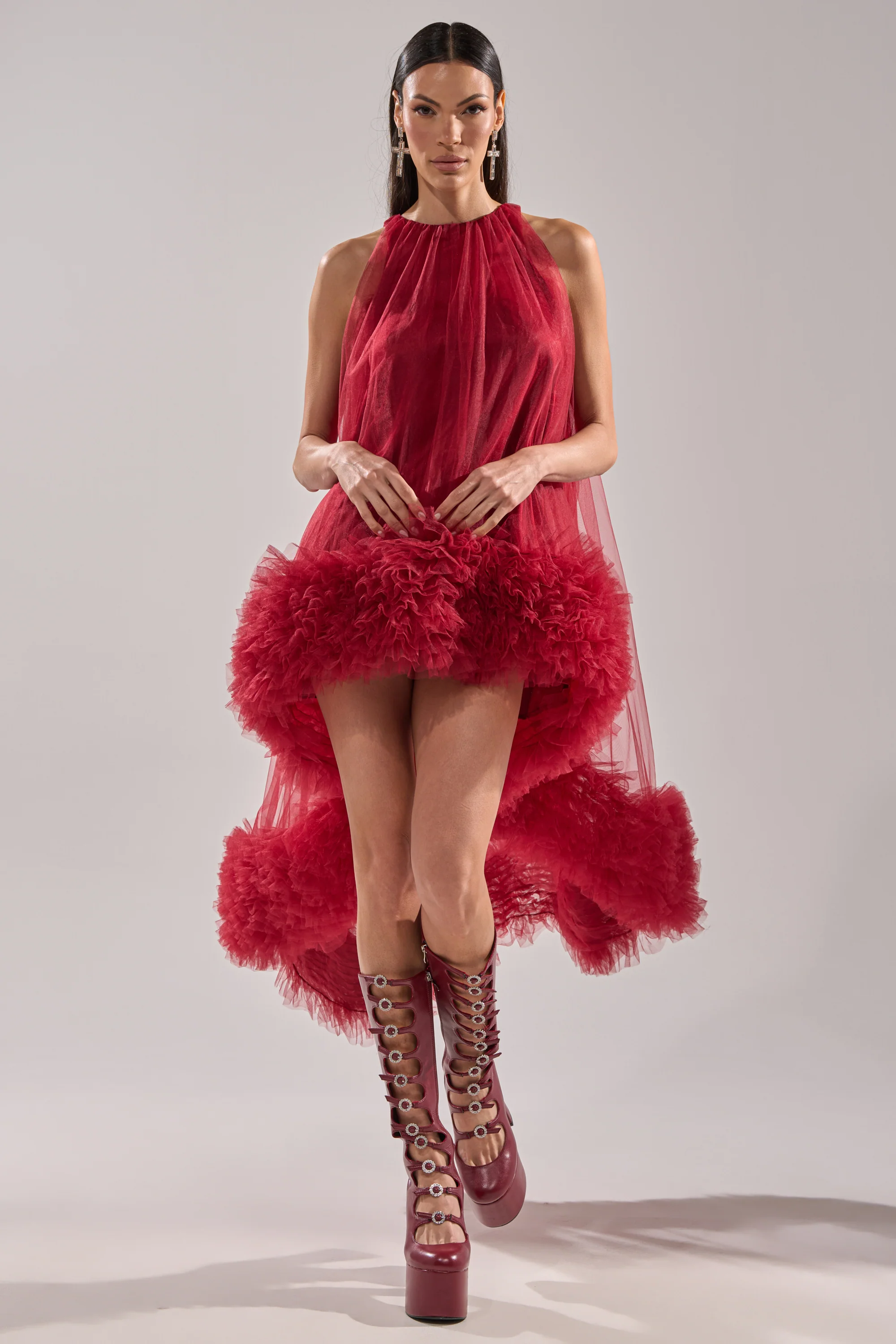 ARI TULLE HIGH LOW DRESS IN BURGUNDY - Image 10