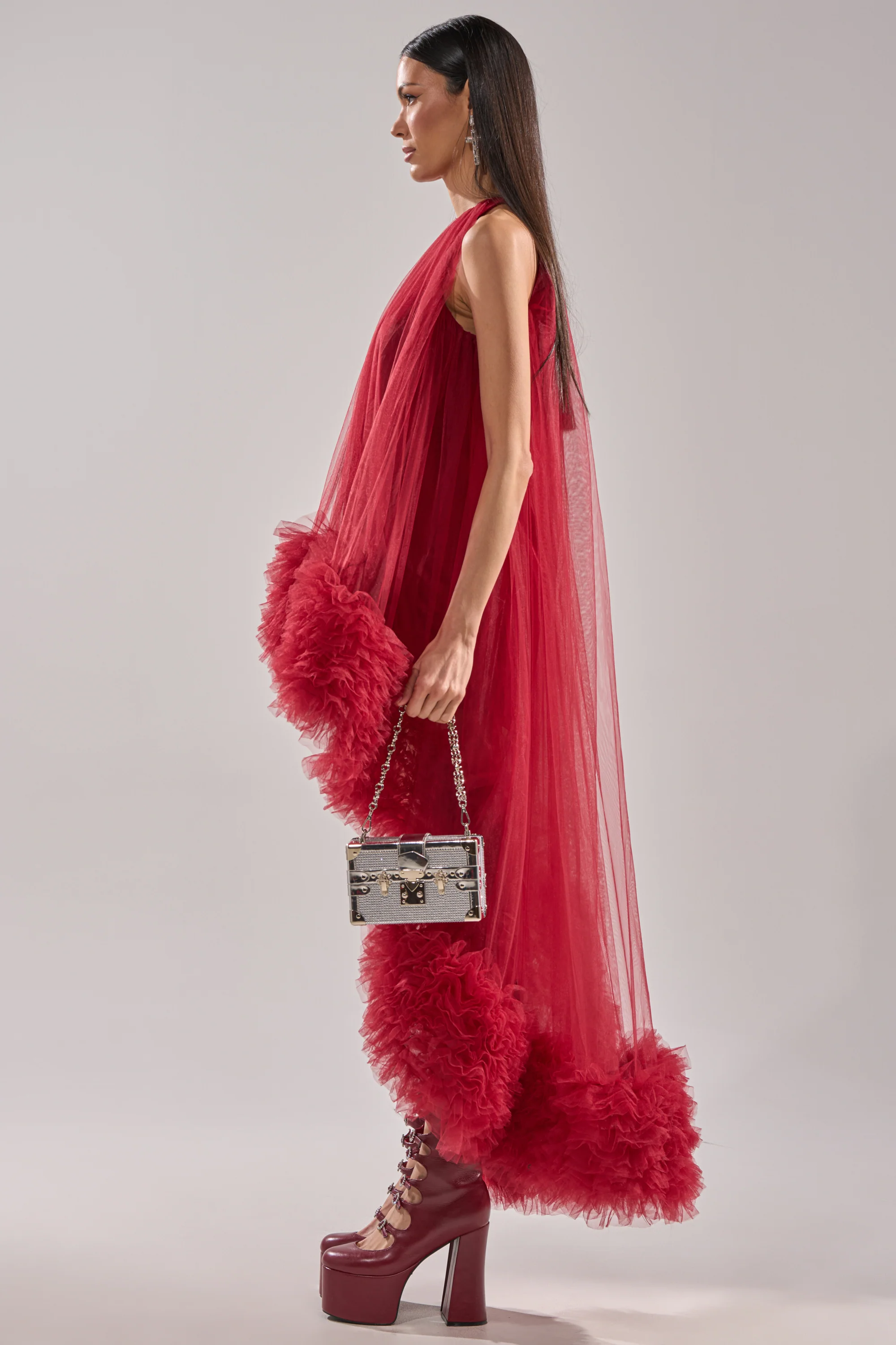 ARI TULLE HIGH LOW DRESS IN BURGUNDY - Image 12