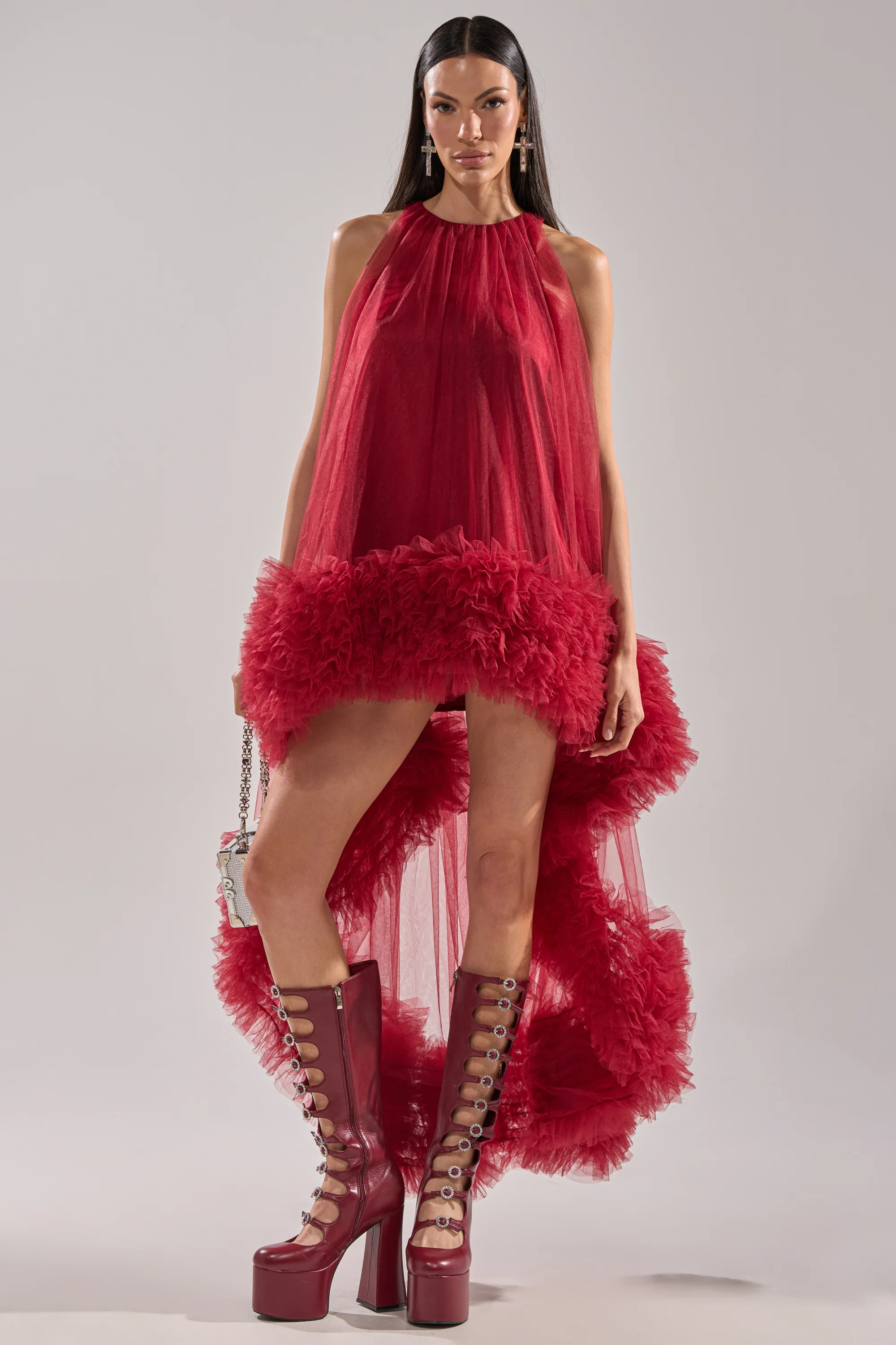ARI TULLE HIGH LOW DRESS IN BURGUNDY - Image 7