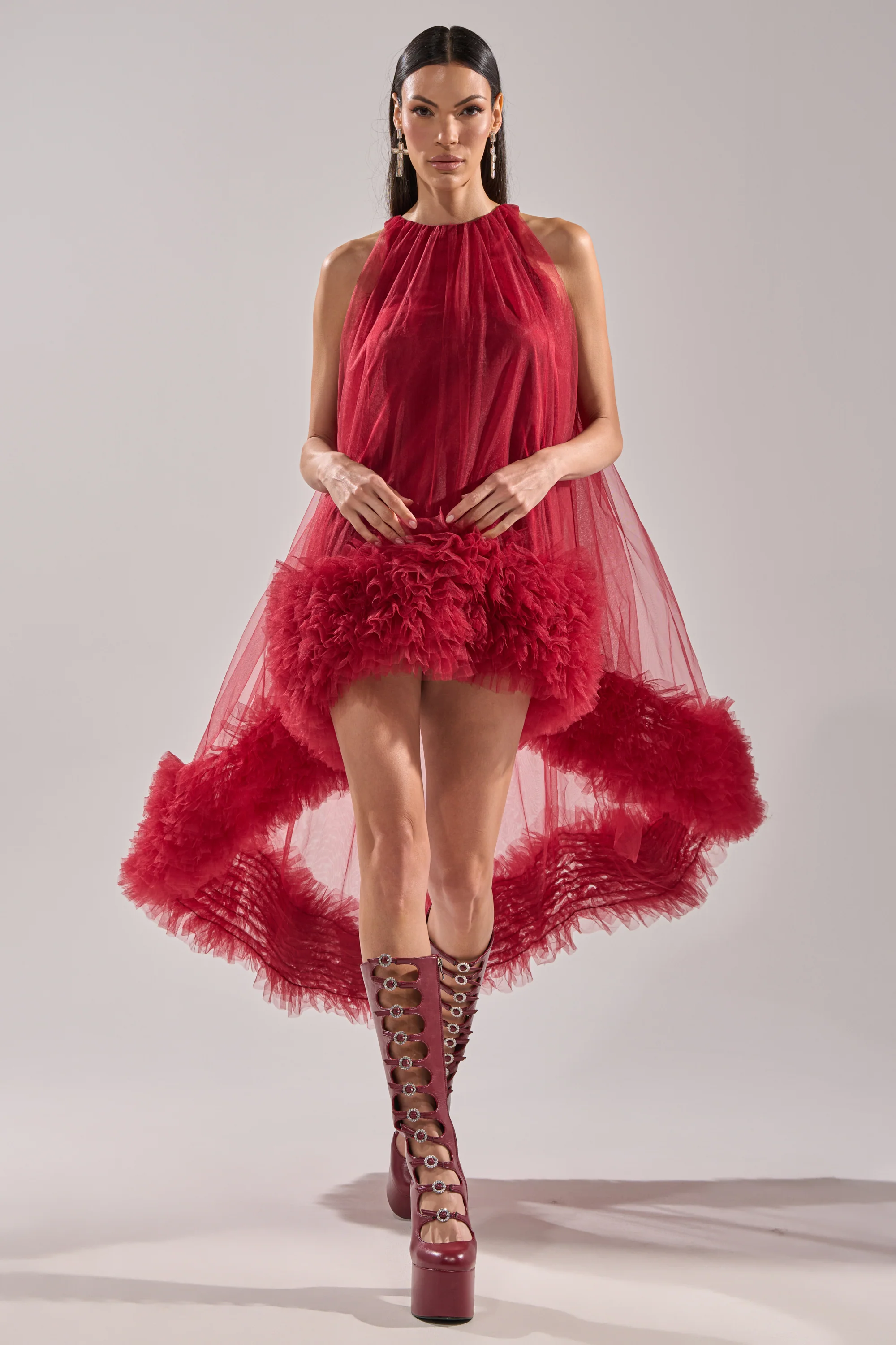 ARI TULLE HIGH LOW DRESS IN BURGUNDY - Image 9