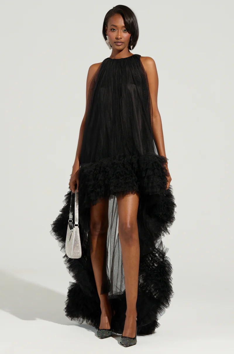 ARI TULLE RUFFLE HIGH LOW DRESS IN BLACK - Image 4
