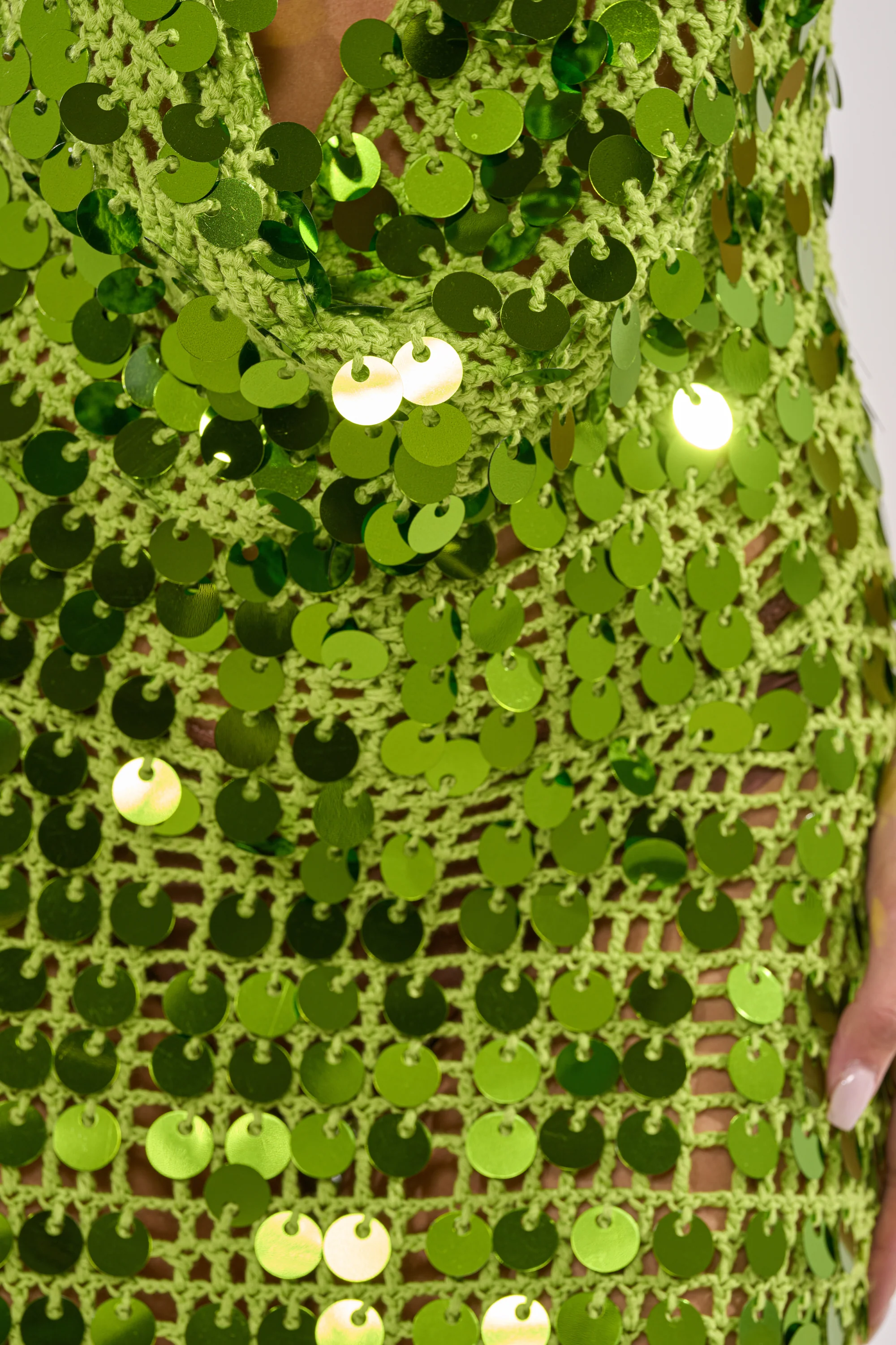 ARIEL SEQUIN CROCHET MINI DRESS IN GREEN - Image 11