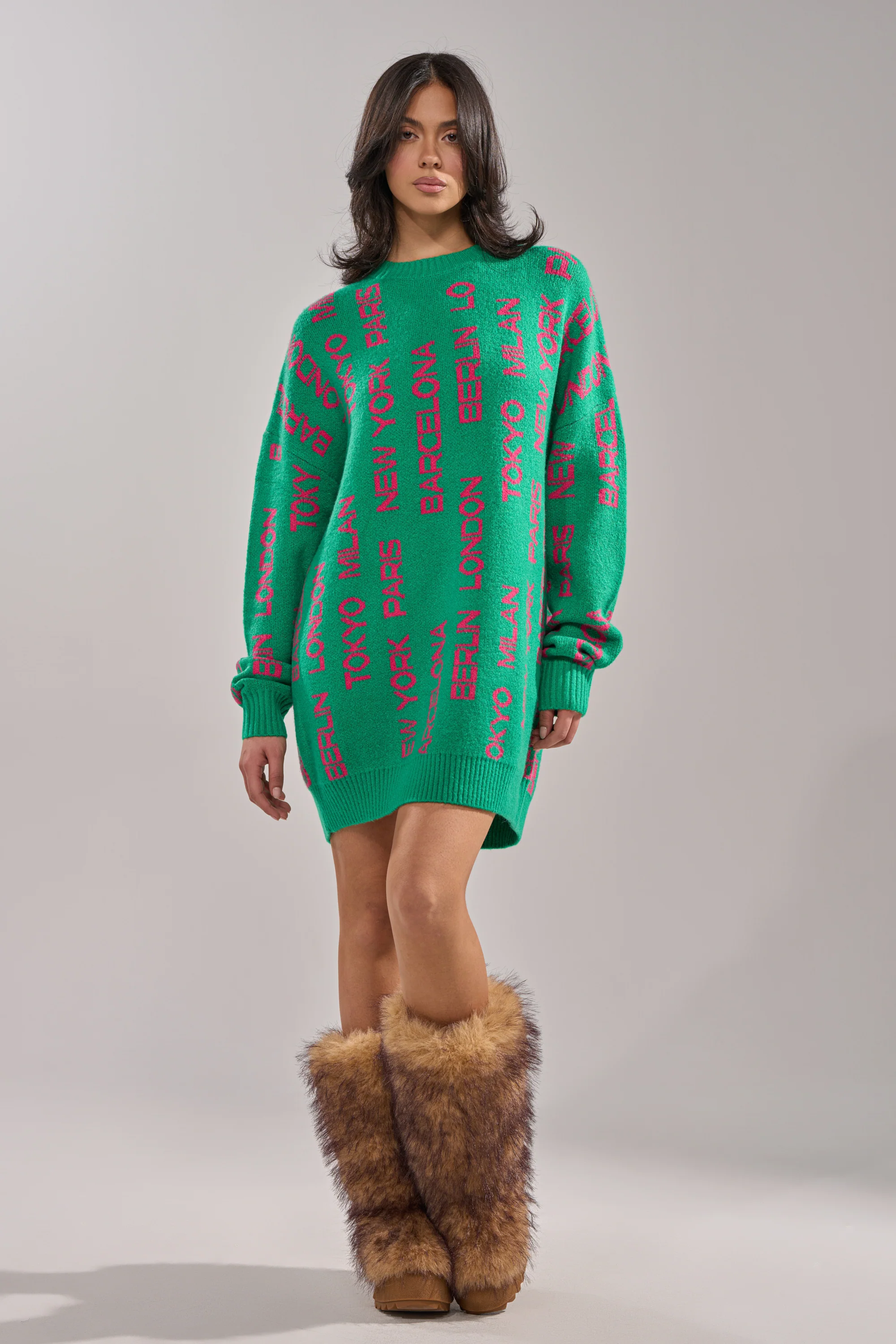AROUND THE WORLD SWEATER MINI DRESS IN GREEN - Image 6