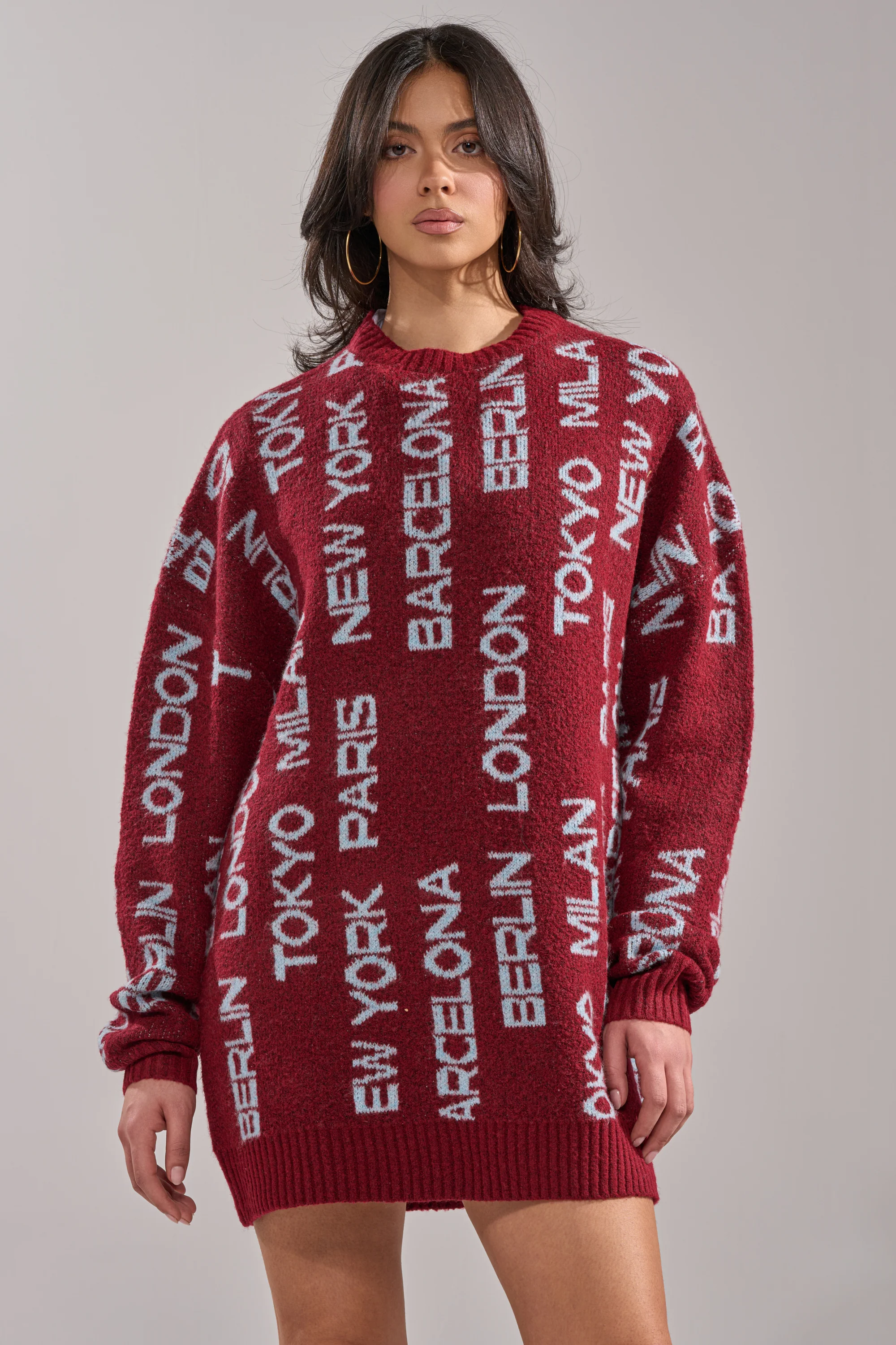 AROUND THE WORLD SWEATER MINI DRESS IN RED - Image 2