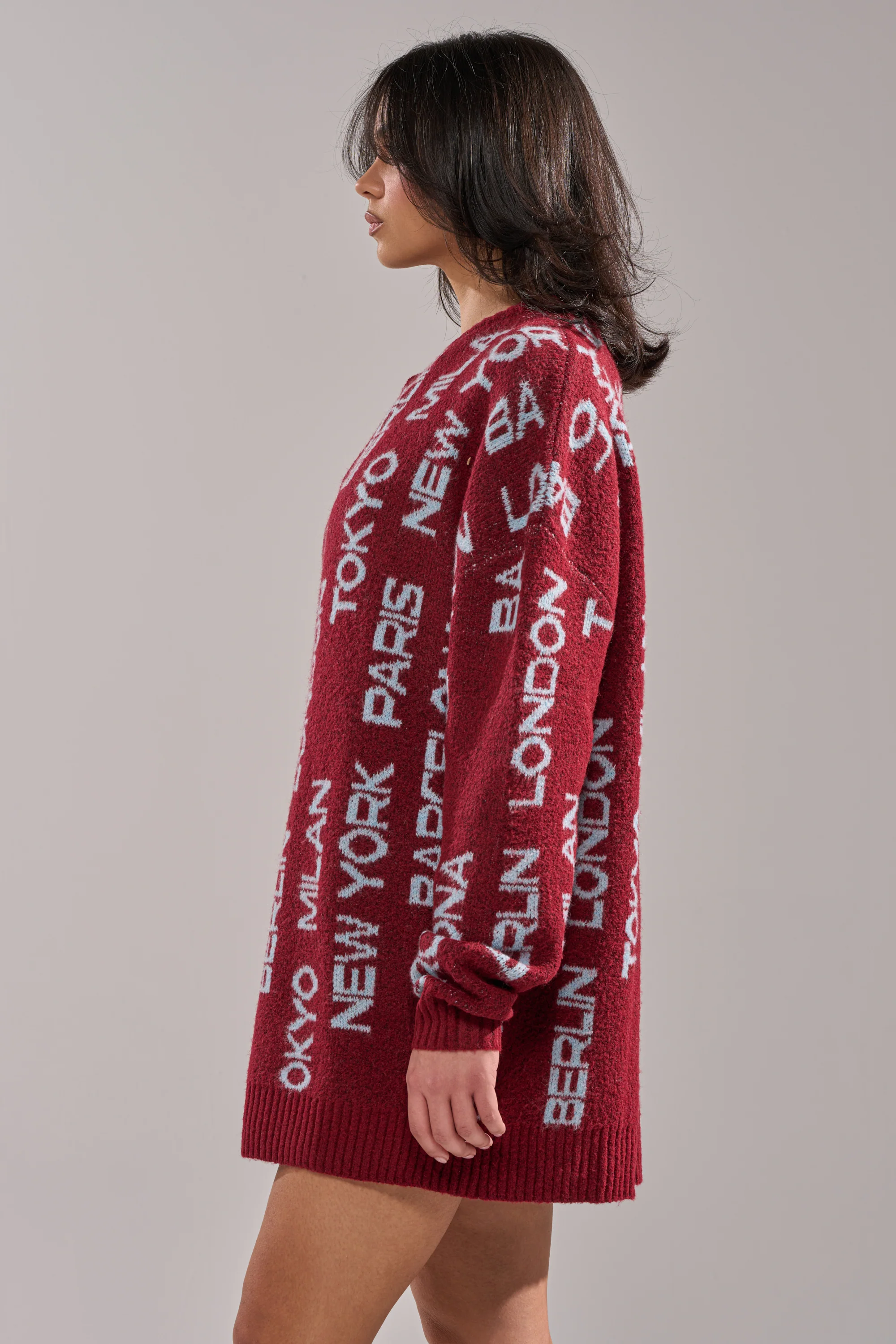 AROUND THE WORLD SWEATER MINI DRESS IN RED - Image 3