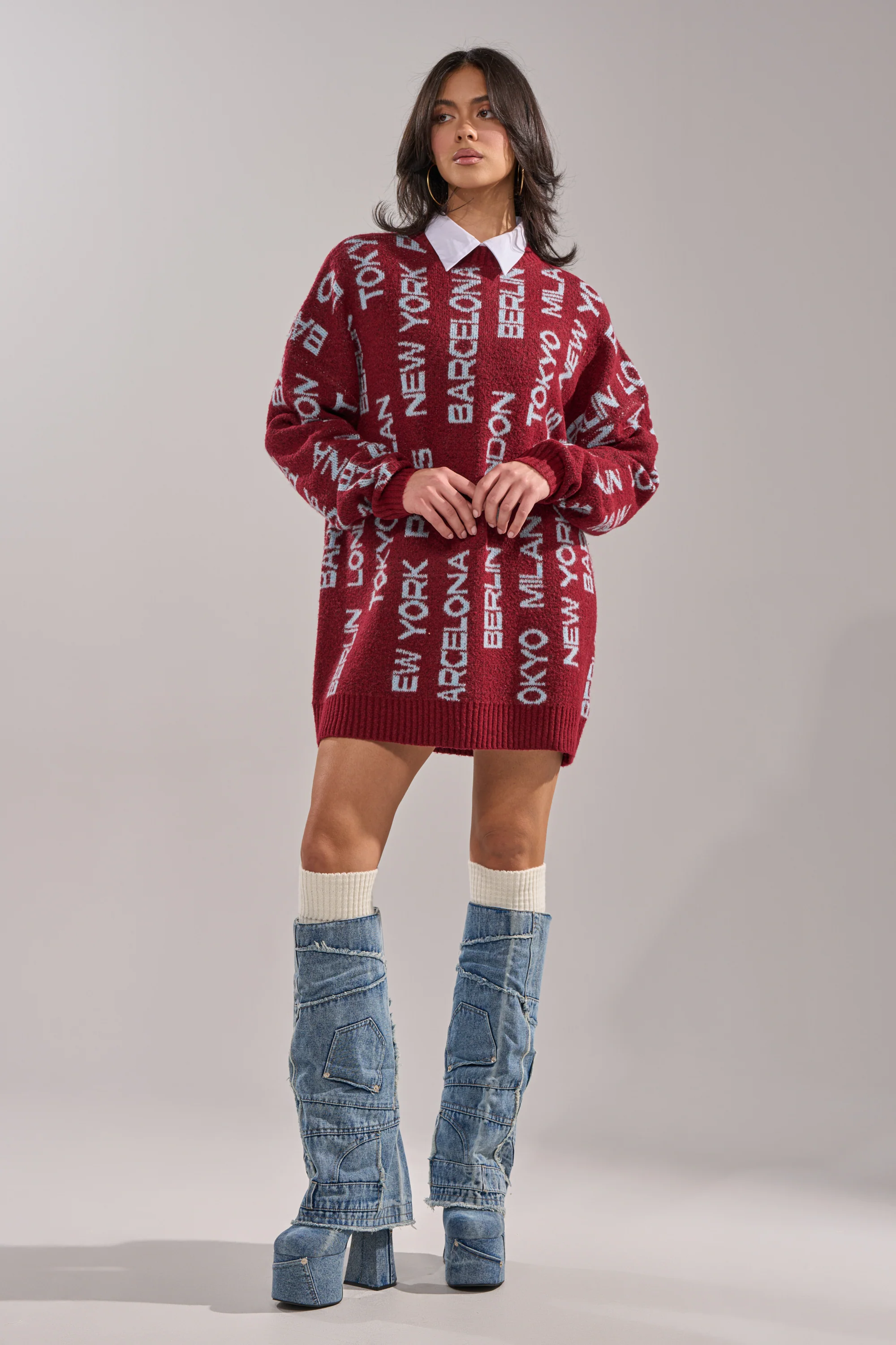 AROUND THE WORLD SWEATER MINI DRESS IN RED - Image 7