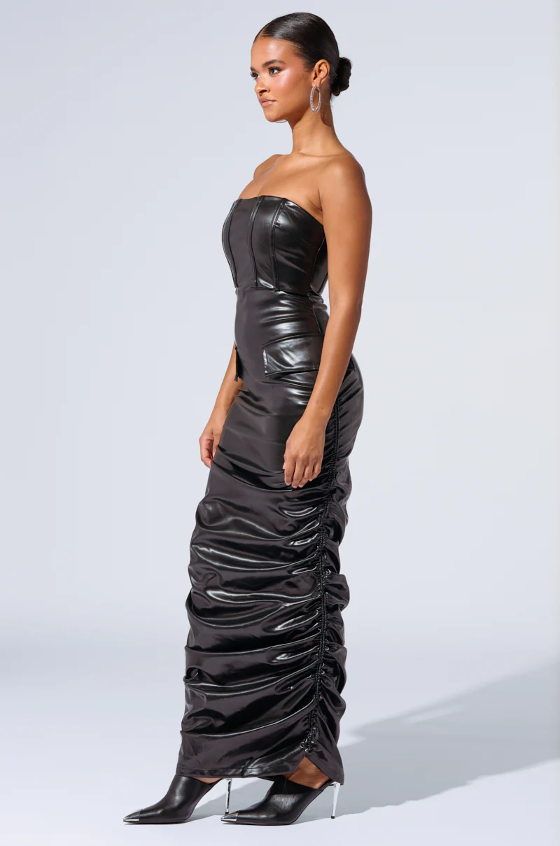 ASH STRAPLESS CARGO MAXI DRESS IN BLACK PU - Image 2