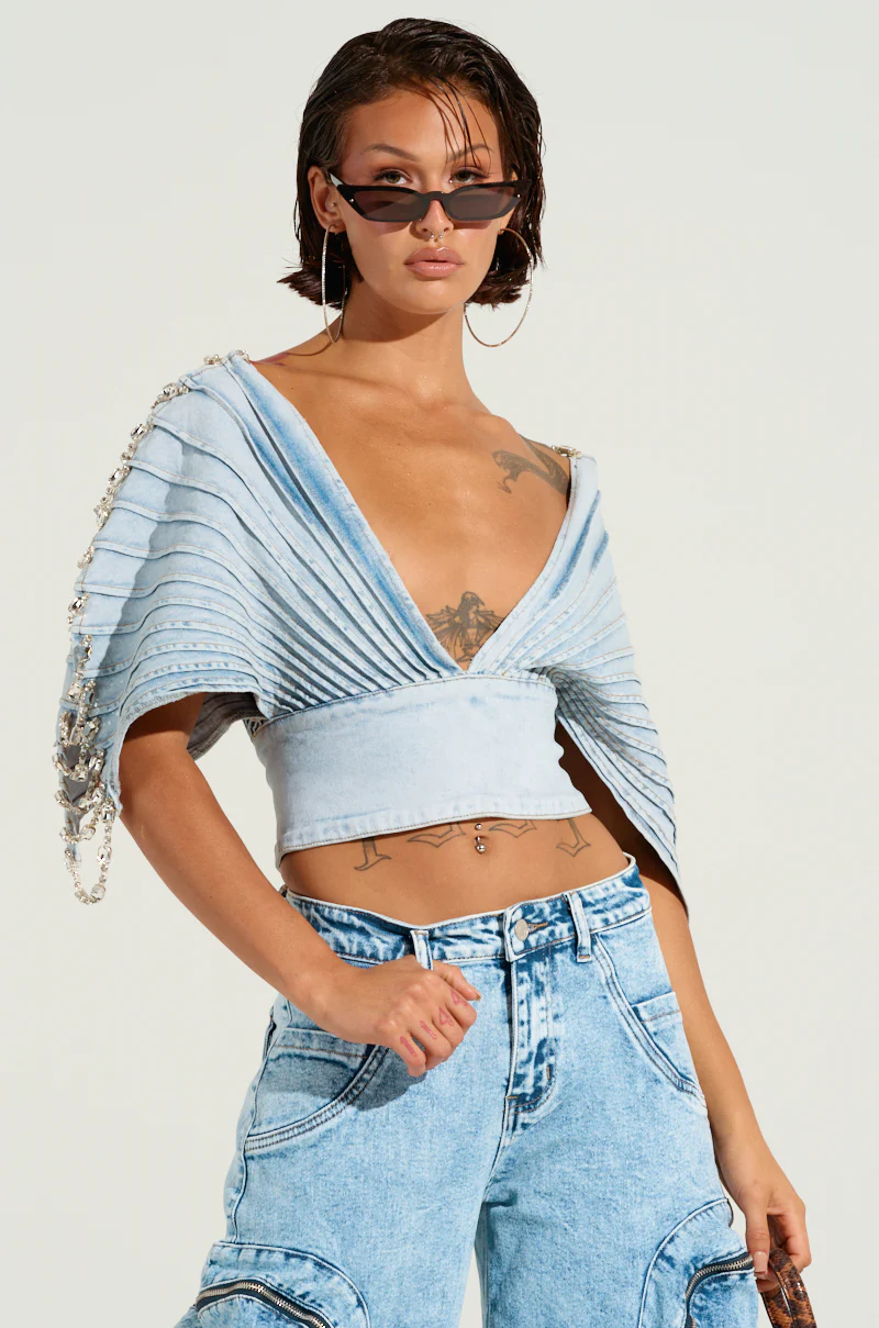 ASHLEE RHINESTONE ENCRUSTED DENIM TOP - Image 3
