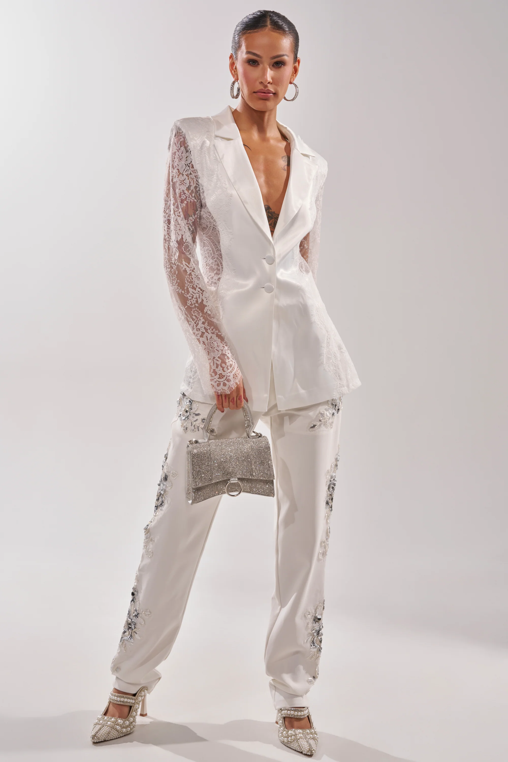 AU CONTRAIRE LACE SATIN BLAZER IN WHITE - Image 6