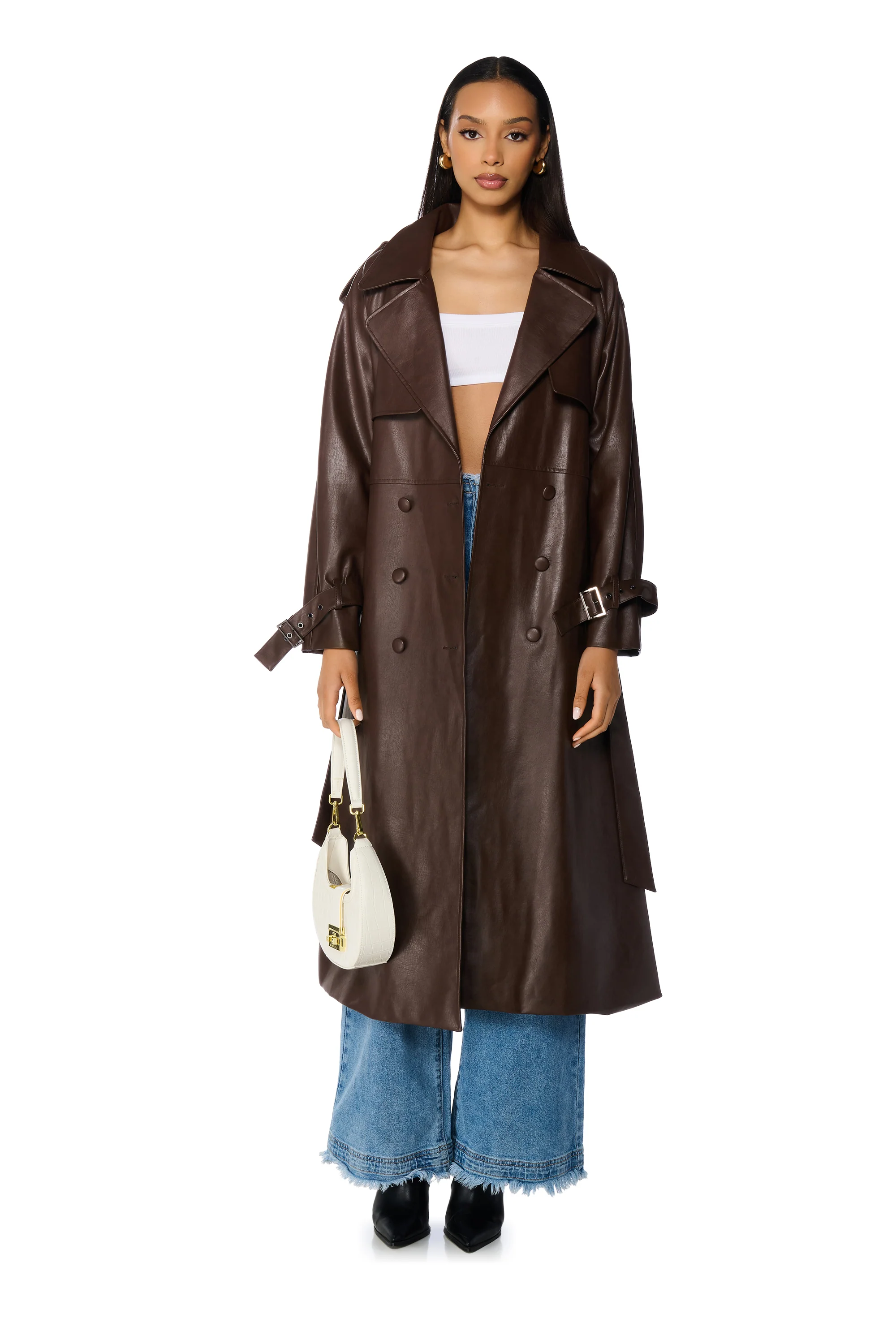 AU REVOIR FAUX LEATHER TRENCH IN BROWN - Image 10