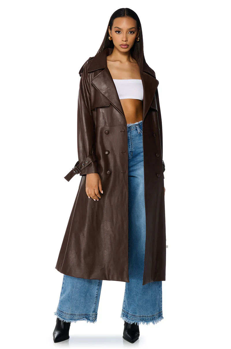AU REVOIR FAUX LEATHER TRENCH IN BROWN - Image 2