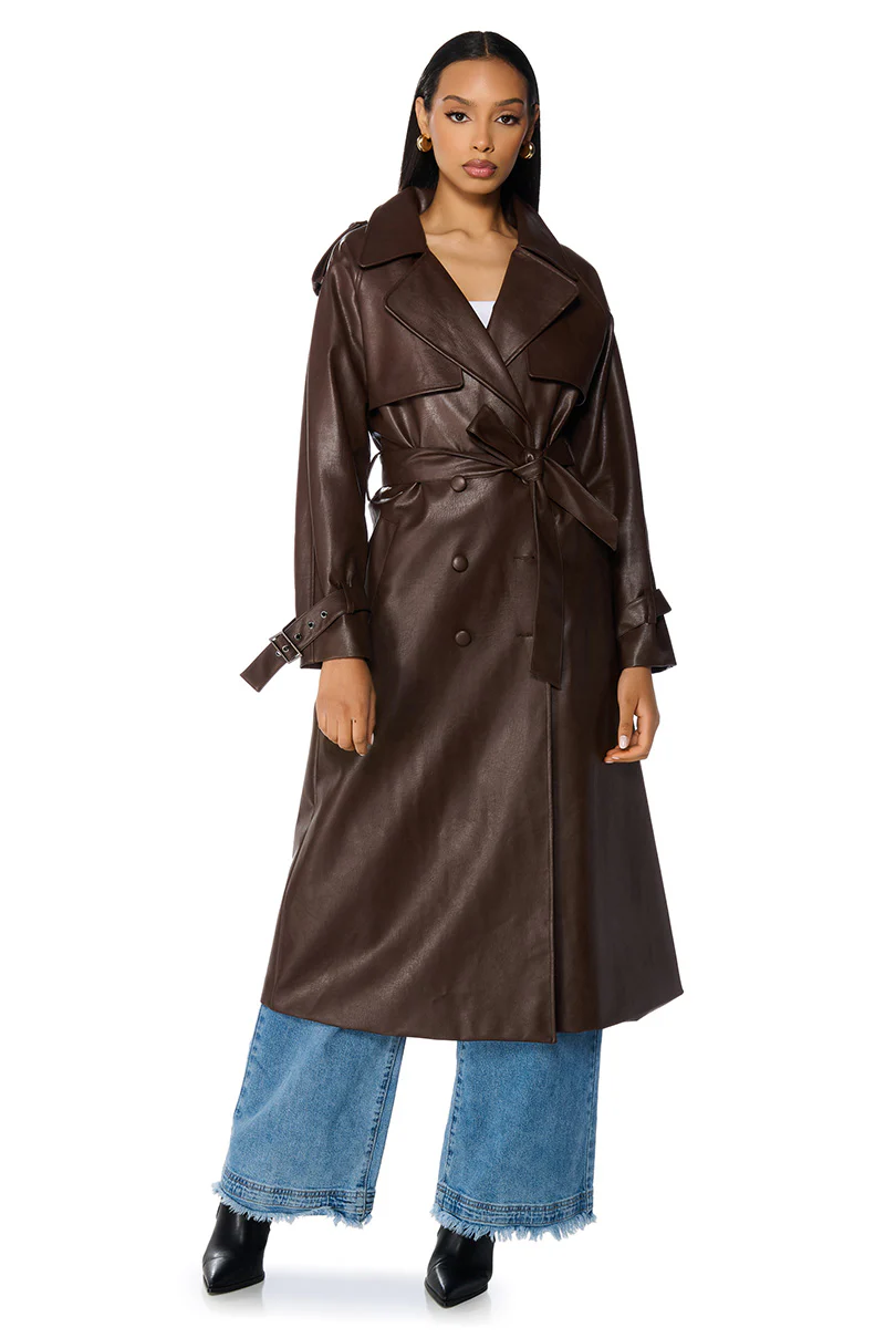 AU REVOIR FAUX LEATHER TRENCH IN BROWN - Image 3