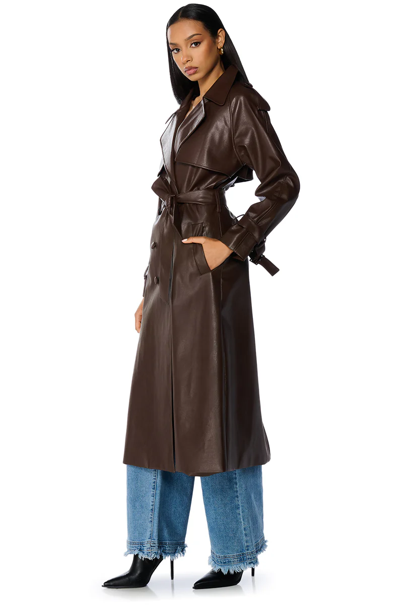 AU REVOIR FAUX LEATHER TRENCH IN BROWN - Image 4