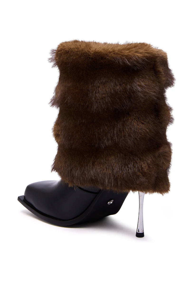 AZALEA WANG CHINMAYI BROWN FUR CUFF SQUARE TOE STILETTO BOOTIE - Image 6