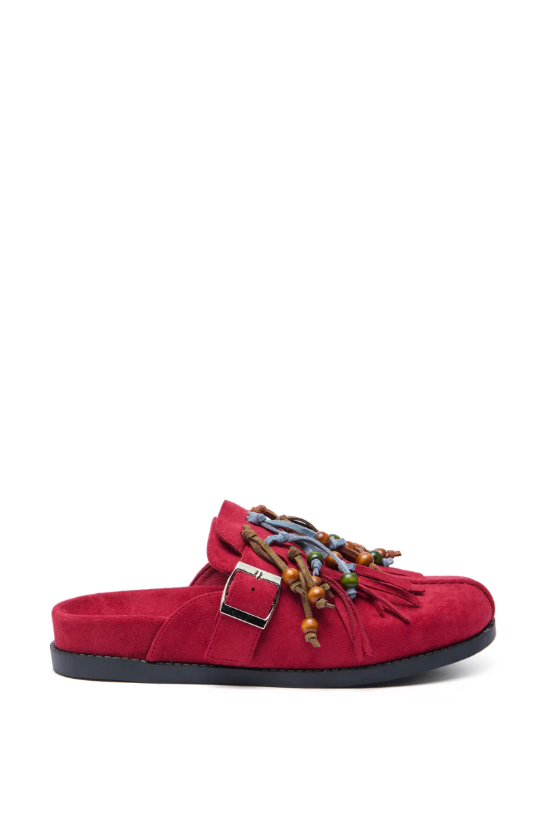 AZALEA WANG ABEILLE BURGUNDY FAUX SUEDE FRINGE CLOG - Image 2