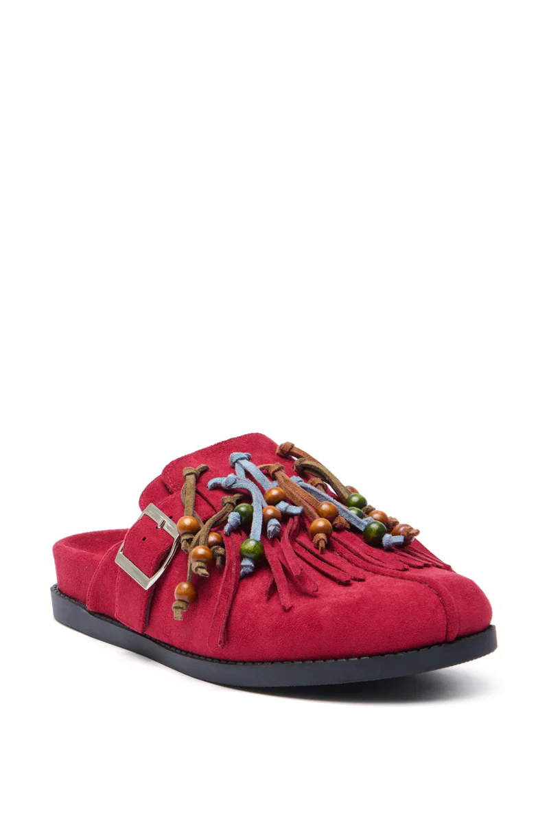 AZALEA WANG ABEILLE BURGUNDY FAUX SUEDE FRINGE CLOG - Image 3