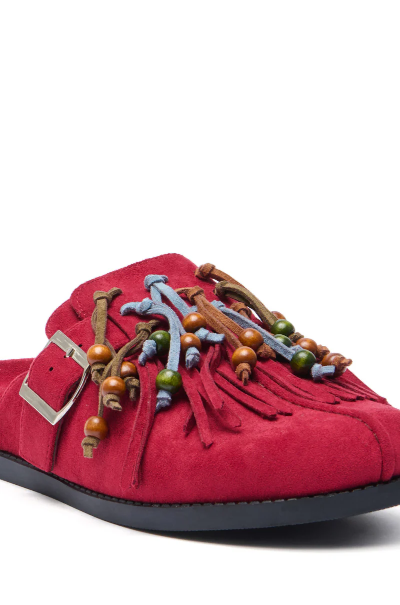 AZALEA WANG ABEILLE BURGUNDY FAUX SUEDE FRINGE CLOG - Image 5