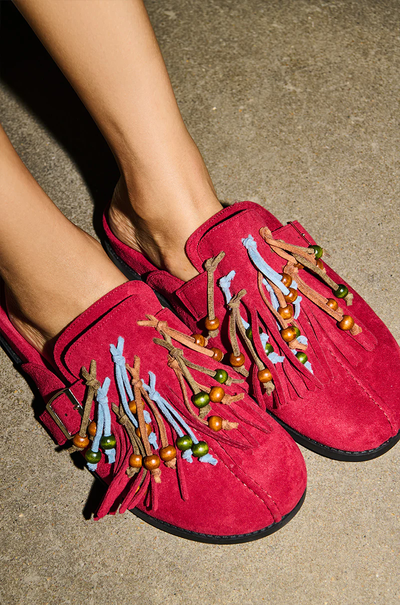 AZALEA WANG ABEILLE BURGUNDY FAUX SUEDE FRINGE CLOG - Image 6