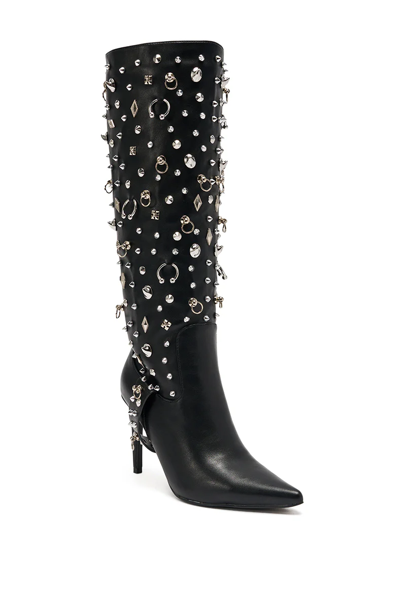 AZALEA WANG AKRISTA BLACK HARDWARE EMBELLISHED STILETTO KNEE HIGH BOOT - Image 5