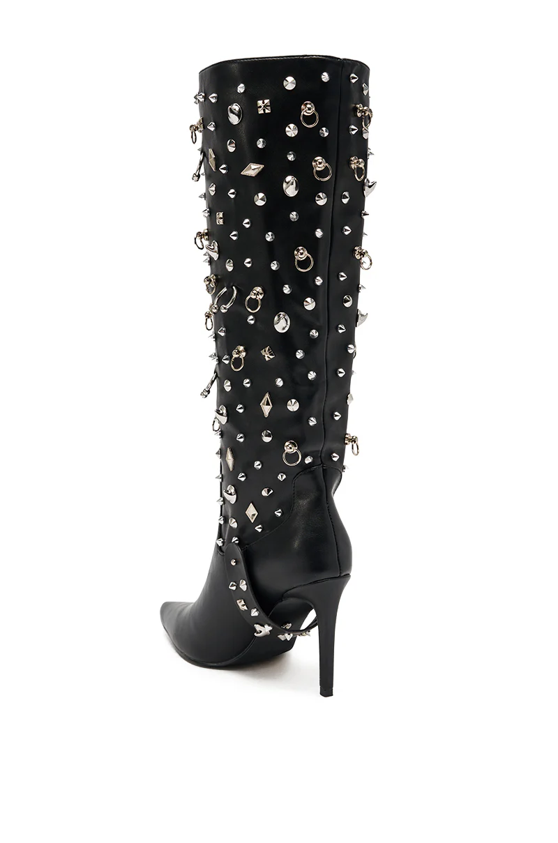 AZALEA WANG AKRISTA BLACK HARDWARE EMBELLISHED STILETTO KNEE HIGH BOOT - Image 6