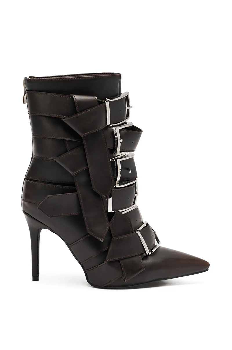 AZALEA WANG ALCETAS CHOCOLATE STILETTO BOOTIE WITH BUCKLES - Image 4