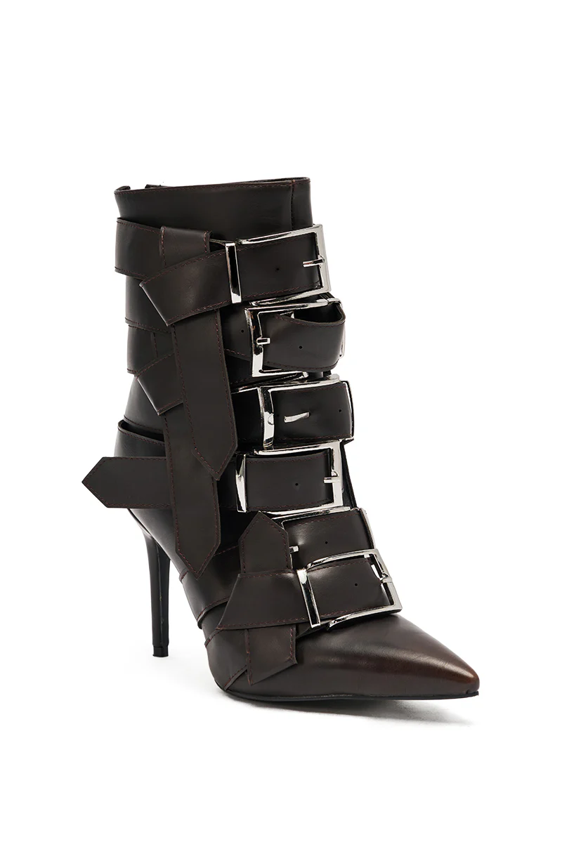 AZALEA WANG ALCETAS CHOCOLATE STILETTO BOOTIE WITH BUCKLES - Image 5