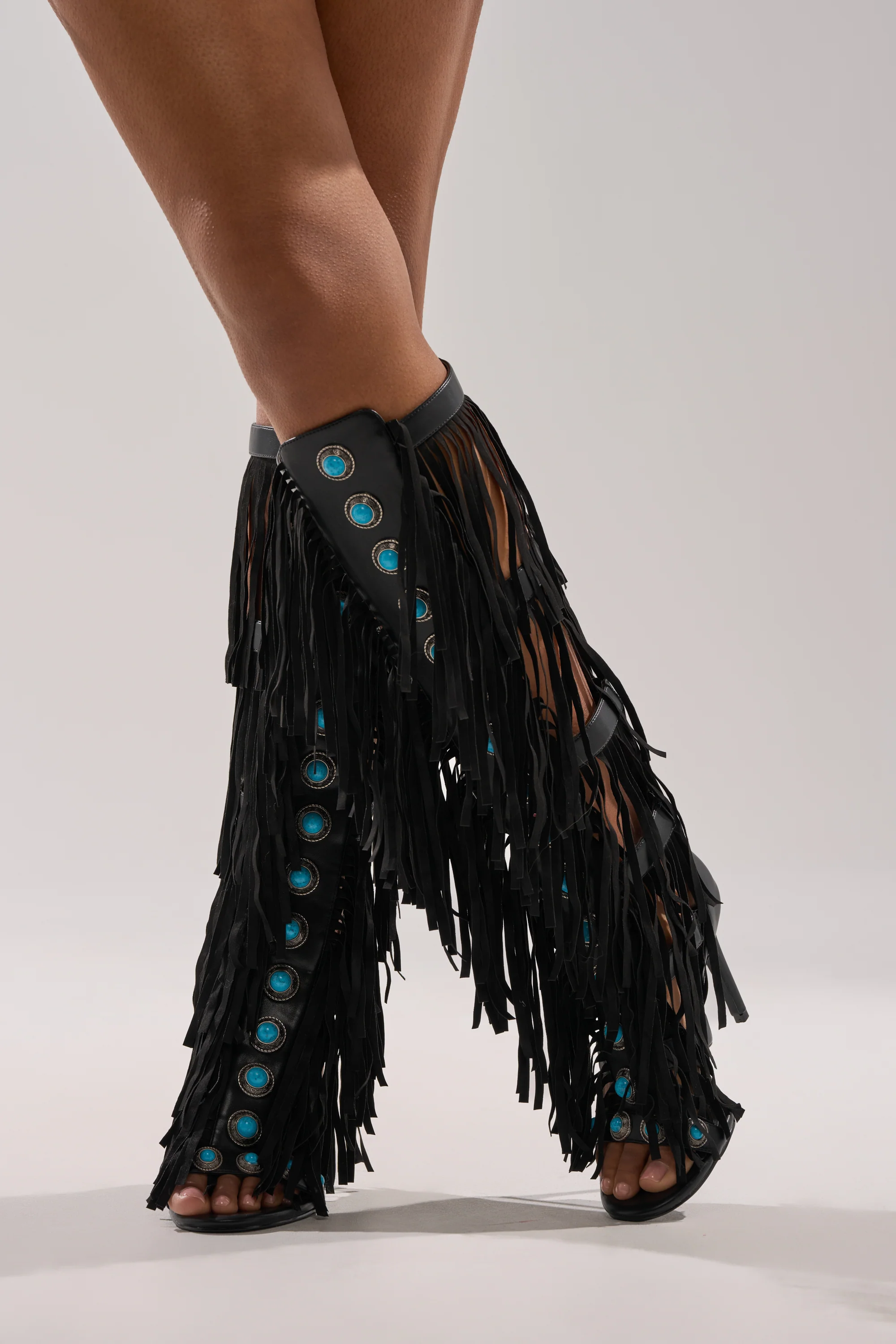 AZALEA WANG AMADEO BLACK FRINGE AND TURQUOISE GLADIATOR STILETTO SANDAL - Image 3