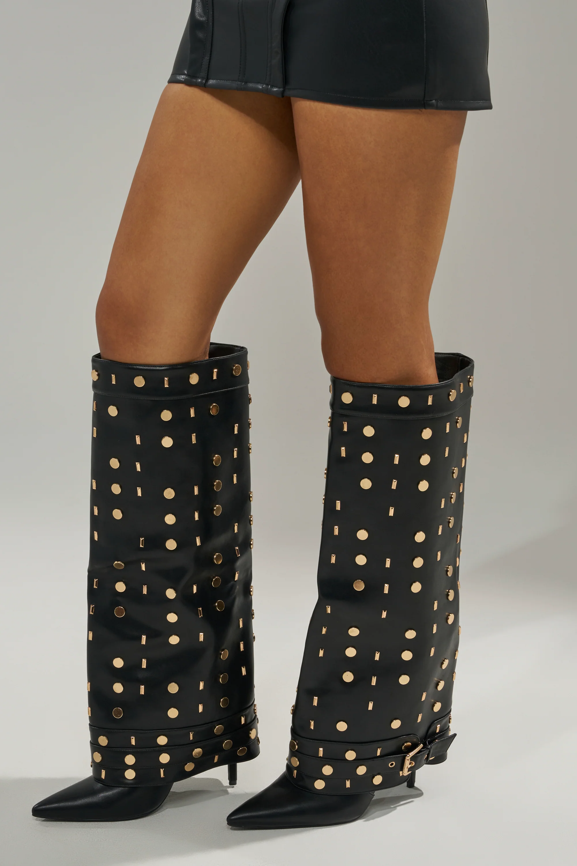 AZALEA WANG ANISSA BLACK MULTI GOLD HARDWARE STILETTO BOOT