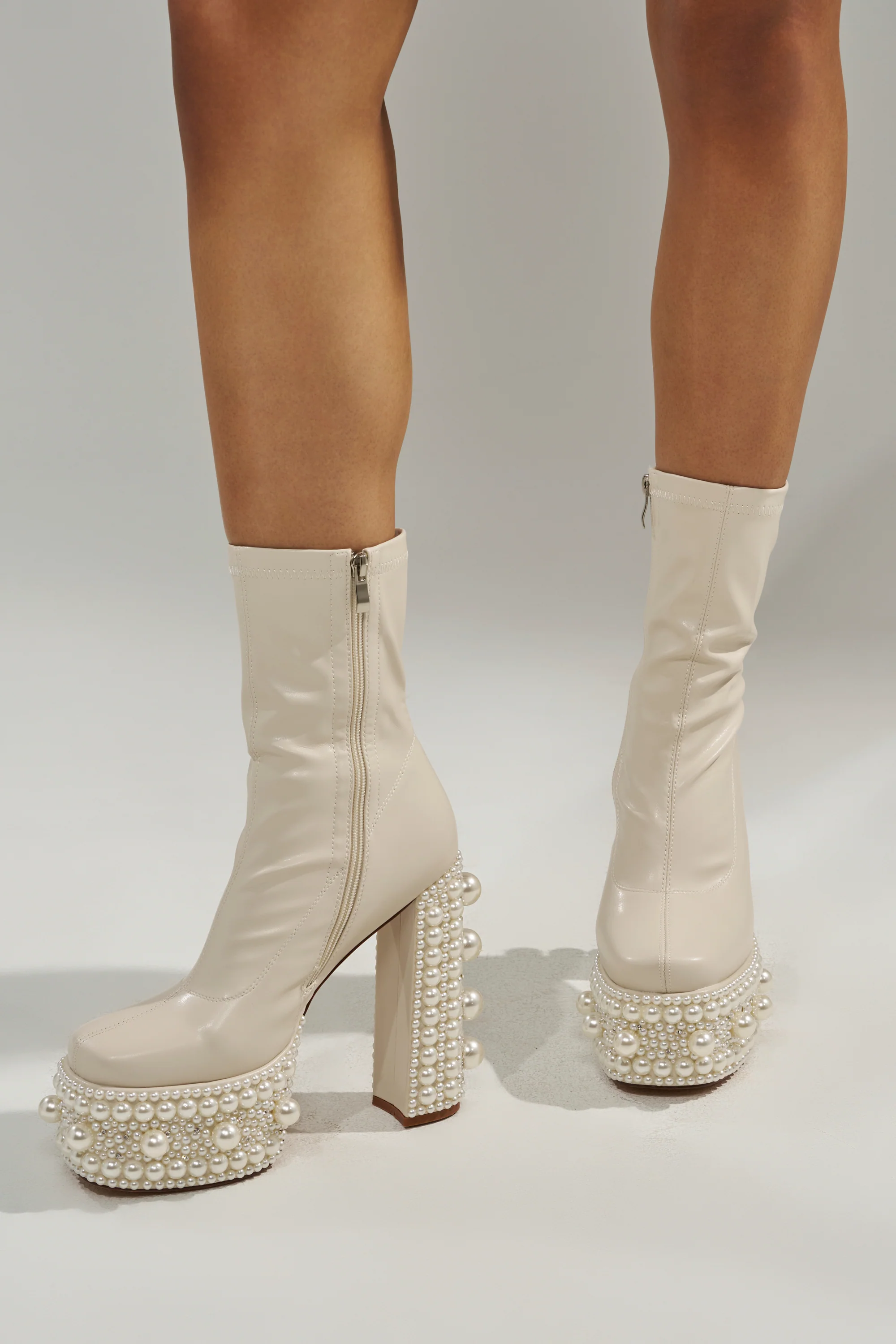 AZALEA WANG ANTARIS BEIGE PEARL DETAIL PLATFORM BOOTIE - Image 2