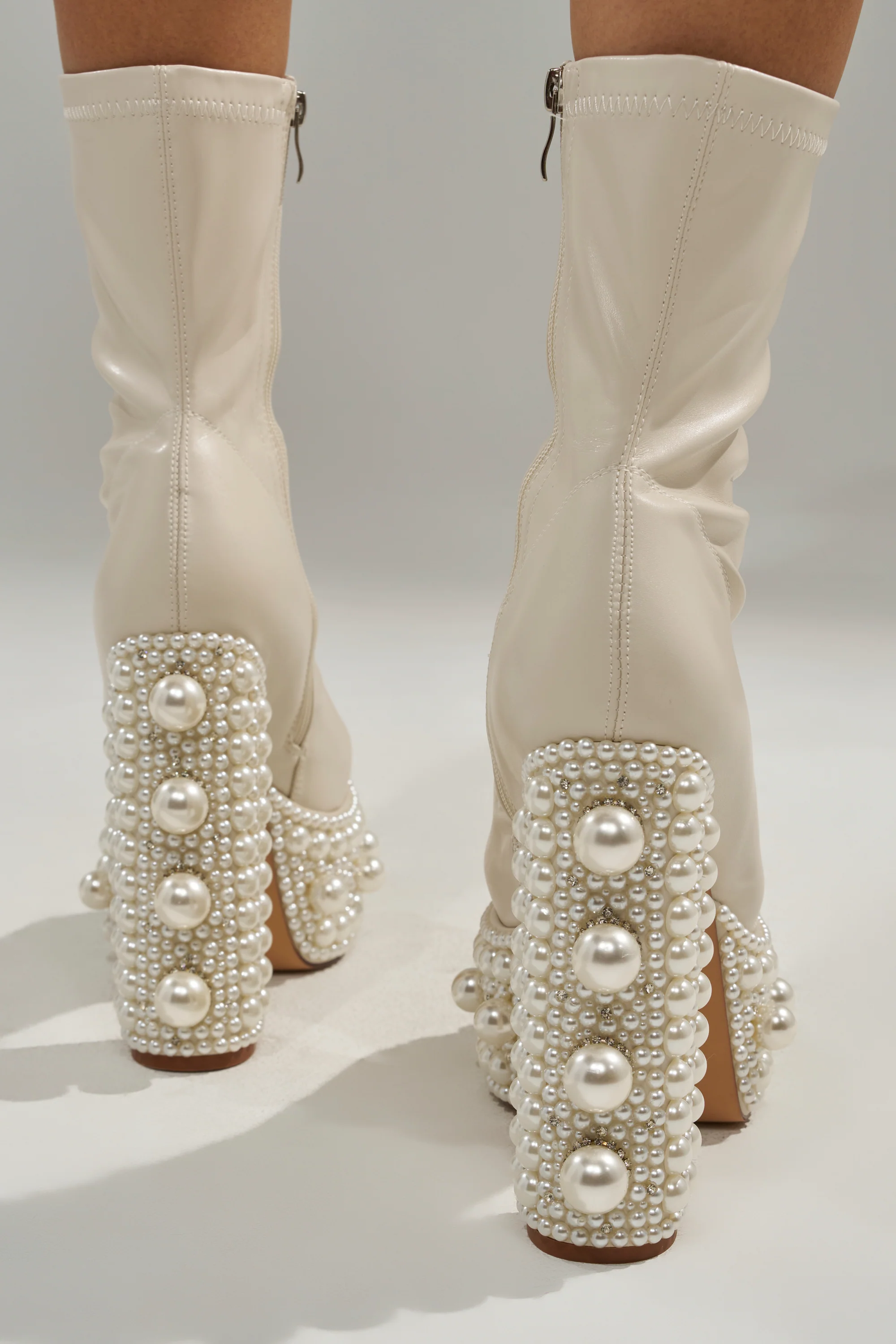 AZALEA WANG ANTARIS BEIGE PEARL DETAIL PLATFORM BOOTIE - Image 5
