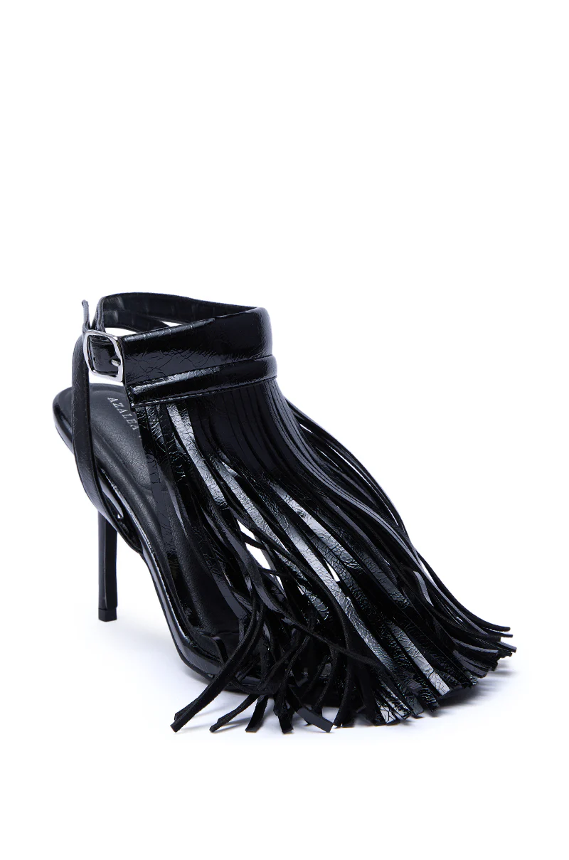 AZALEA WANG ANTIQUE BLACK FRINGE UPPER STILETTO SANDAL - Image 5