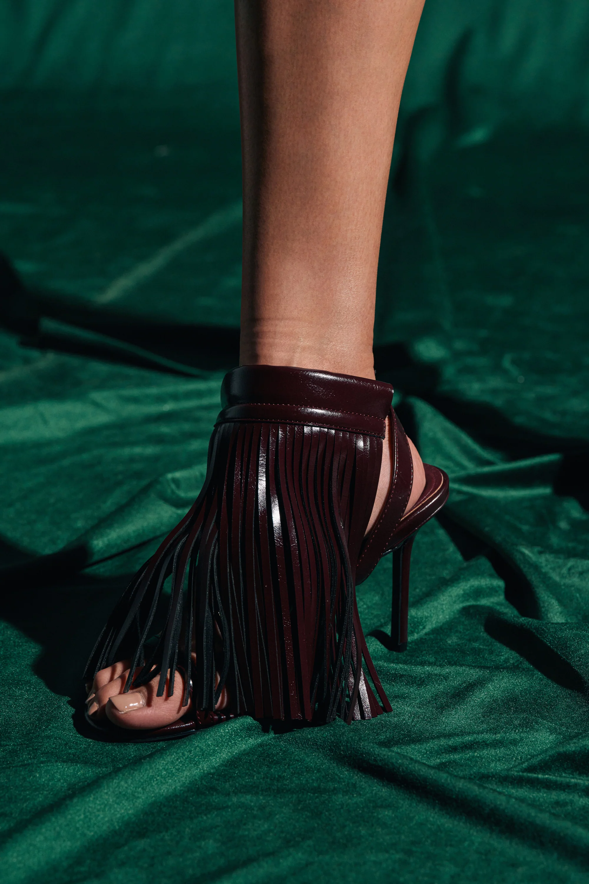 AZALEA WANG ANTIQUE BURGUNDY FRINGE UPPER STILETTO SANDAL - Image 2