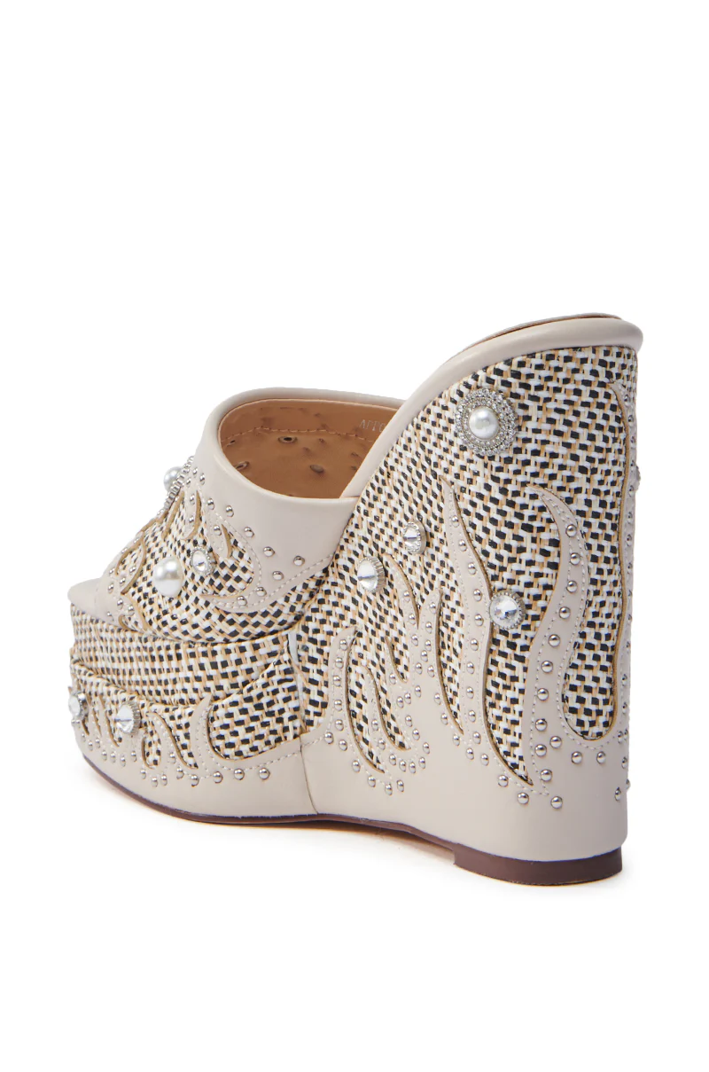AZALEA WANG APPOLONIA BEIGE TWEED EMBELLISHED WEDGE SANDAL - Image 5