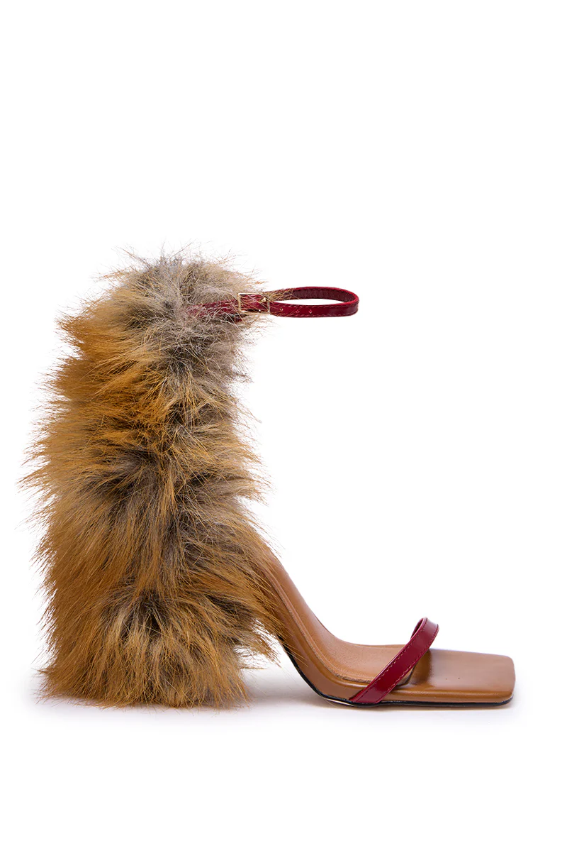 AZALEA WANG ARETTE RED FOX FUR CHUNKY HEEL STRAP SANDAL - Image 4