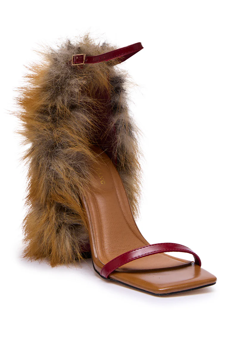 AZALEA WANG ARETTE RED FOX FUR CHUNKY HEEL STRAP SANDAL - Image 5