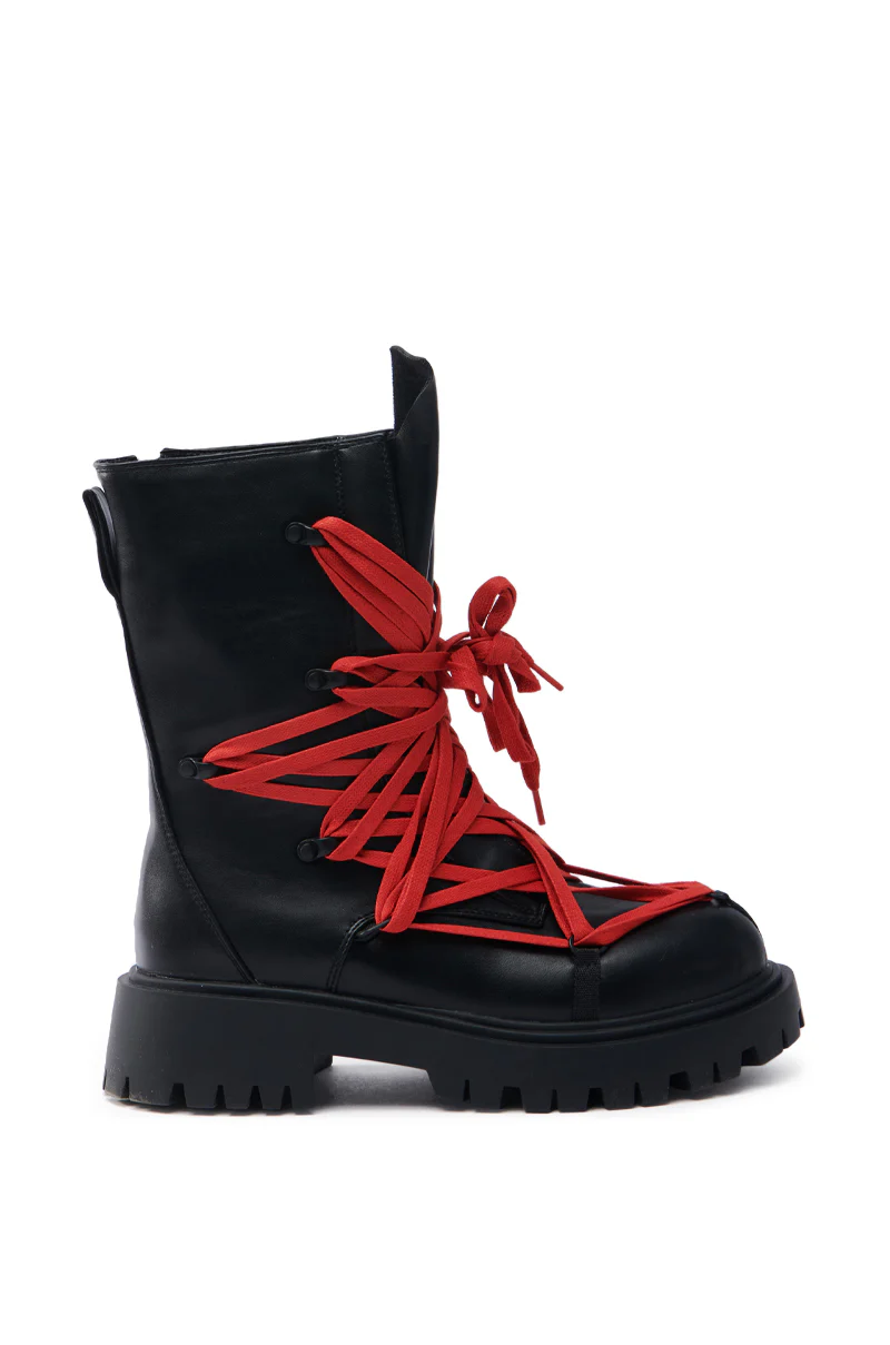 AZALEA WANG ARJUN LACE DETAIL COMBAT BOOTIE IN BLACK WITH RED LACE - Image 3