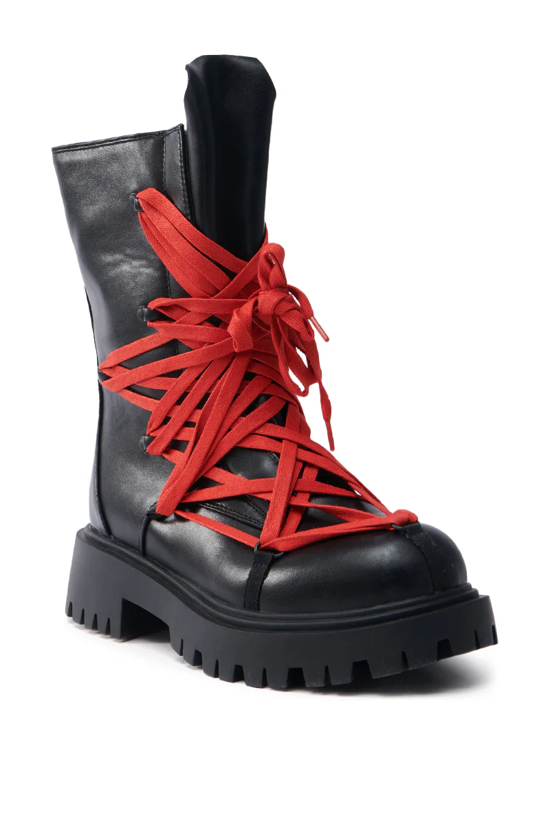 AZALEA WANG ARJUN LACE DETAIL COMBAT BOOTIE IN BLACK WITH RED LACE - Image 4
