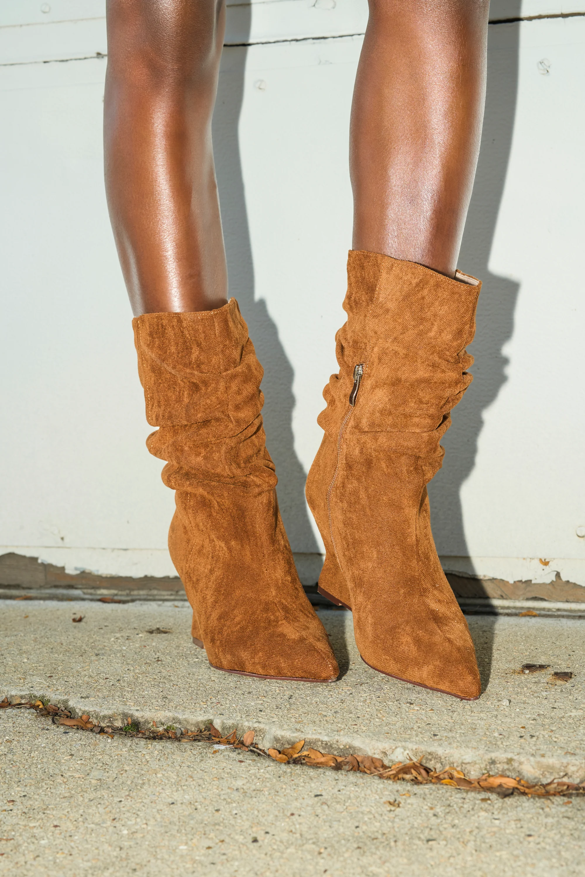 AZALEA WANG ASAF RUCHED WEDGE BOOTIE IN TAN - Image 3
