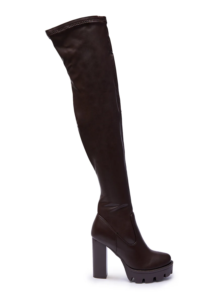 AZALEA WANG ASHLAND CHOCOLATE STRETCH PU CHUNKY THIGH-HIGH BOOT - Image 5