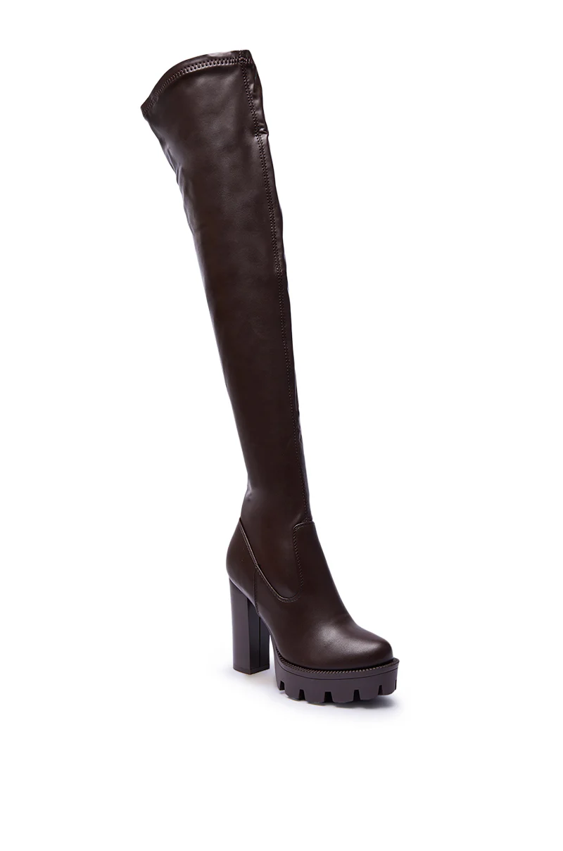 AZALEA WANG ASHLAND CHOCOLATE STRETCH PU CHUNKY THIGH-HIGH BOOT - Image 6
