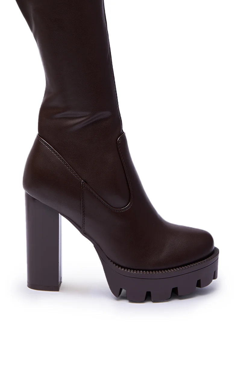 AZALEA WANG ASHLAND CHOCOLATE STRETCH PU CHUNKY THIGH-HIGH BOOT - Image 8