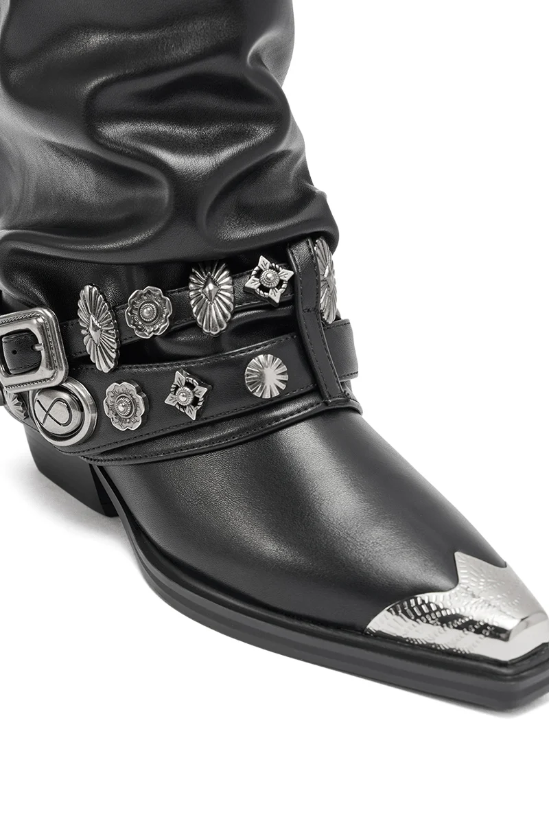 AZALEA WANG ASHRAF BLACK PU SILVER HARDWARE WESTERN BOOTIE - Image 11