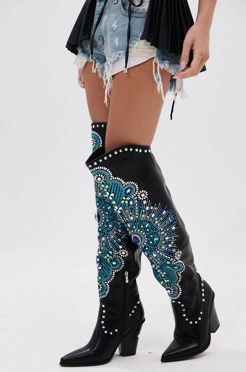 AZALEA WANG AXELBEAT BLACK EMBELLISHED WESTERN BOOT
