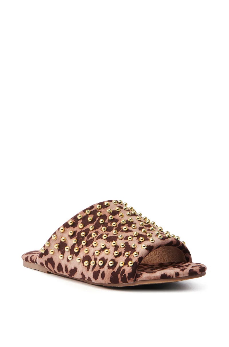 AKIRA BAGGER STUDDED SLIP ON SANDAL IN LEOPARD - Image 3