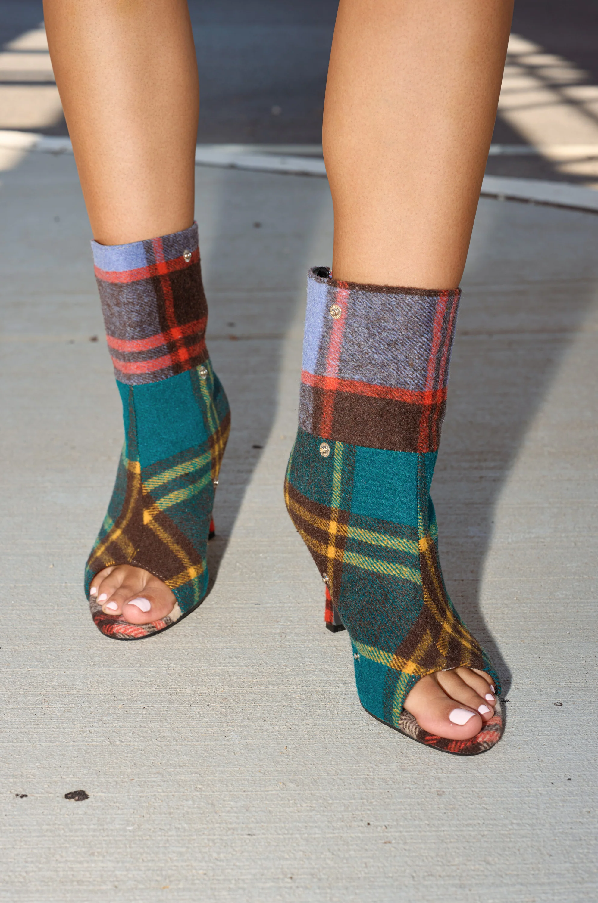 AZALEA WANG BIRD SONG PLAID MULTI OPEN TOE SNAP BOOTIE - Image 6
