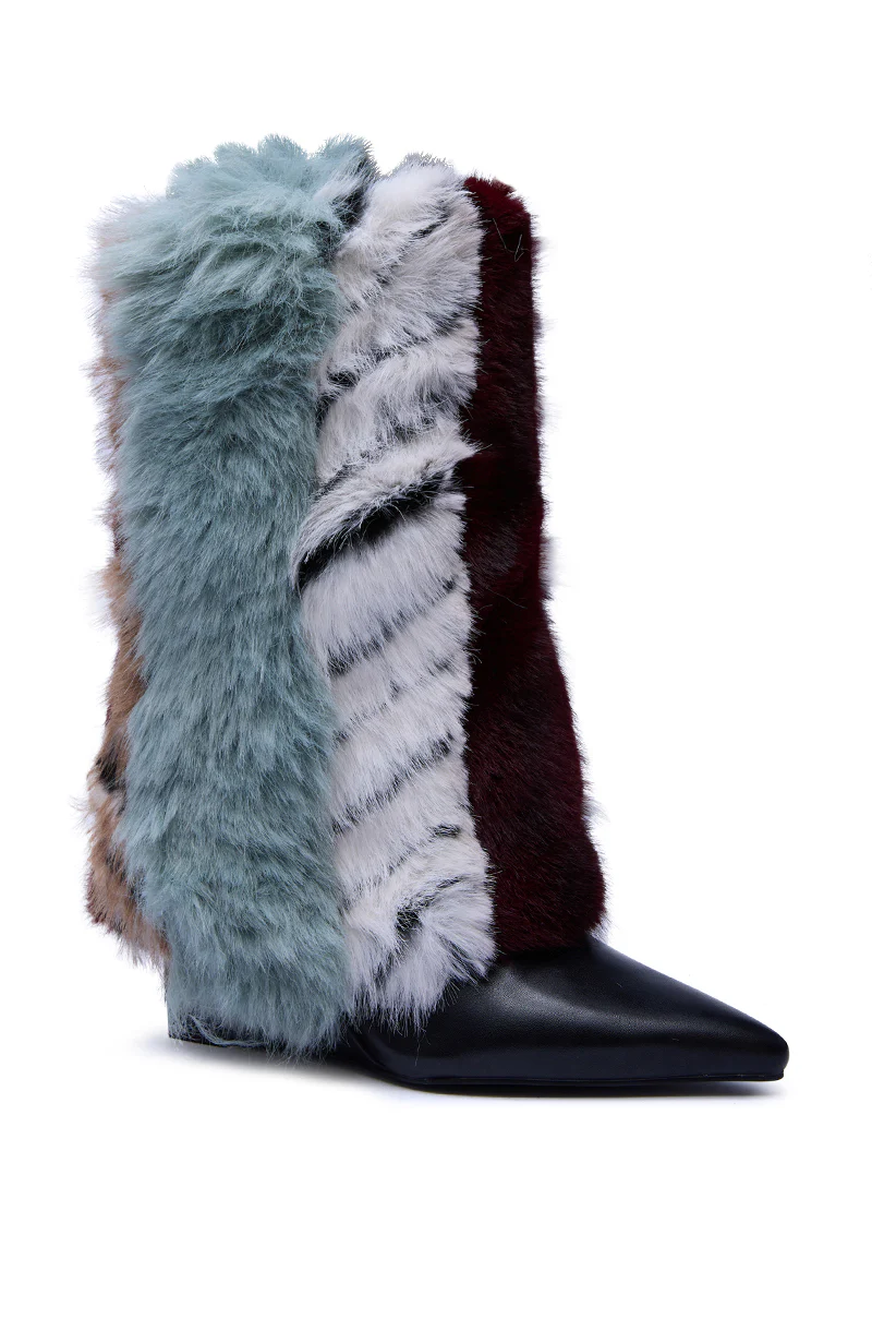 AZALEA WANG BRIASH BLUE MULTI FUR HIDDEN WEDGE BOOTIE - Image 7