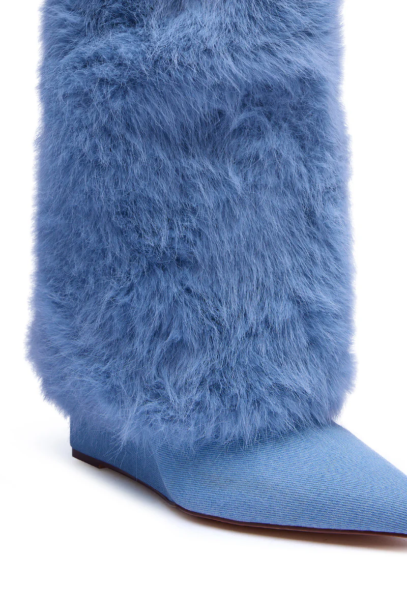 AZALEA WANG BRIASH DENIM FUR HIDDEN WEDGE BOOTIE - Image 6