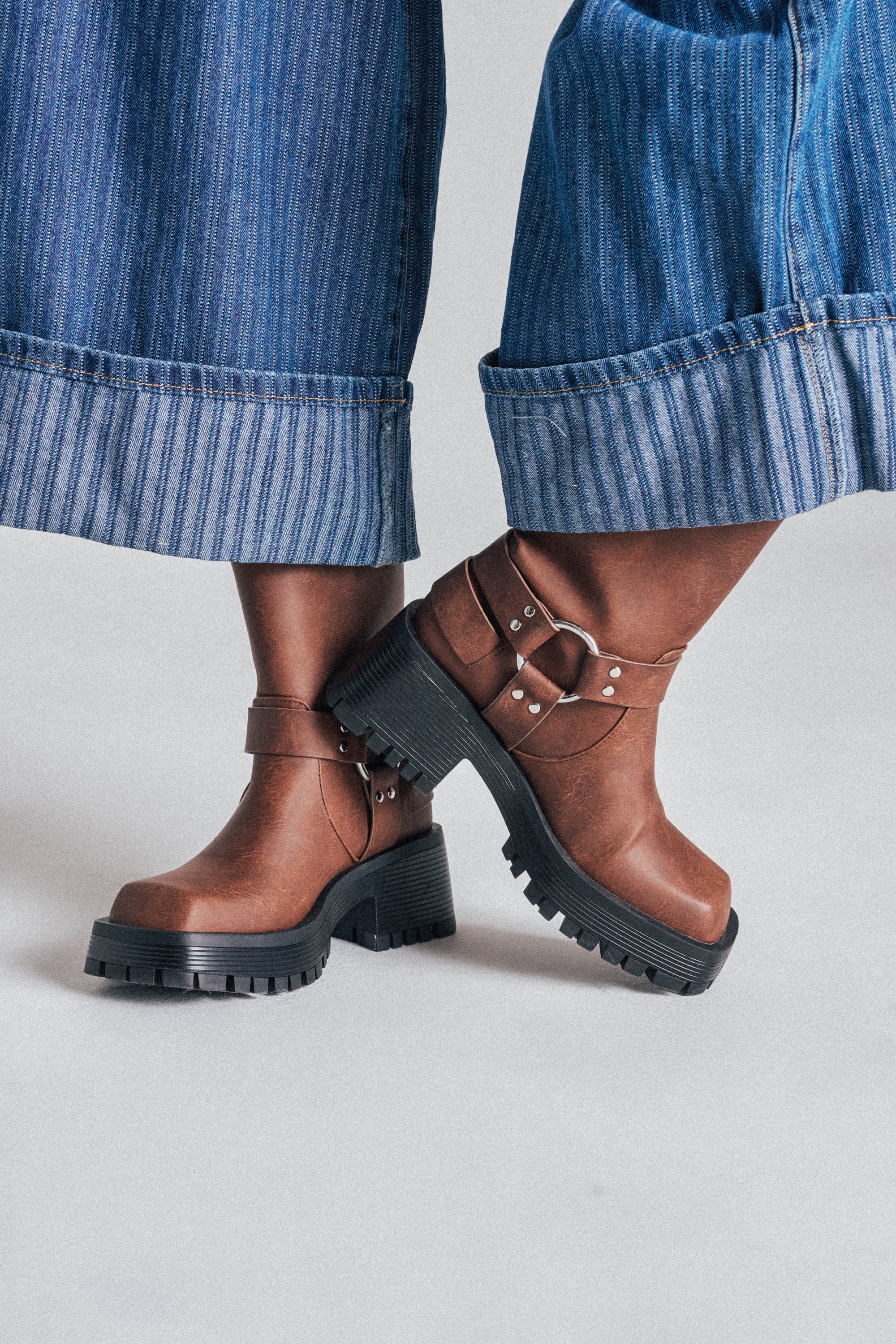 AZALEA WANG BUCKED BROWN CHUNKY HEEL COMBAT BOOTIE - Image 2